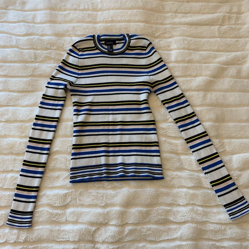 Colorful striped long sleeve fitted shirt.